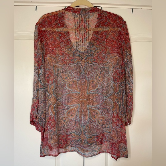 Sundance 100% Silk Paisley Blouse Tie Neck 3/4 Sleeve Sheer Pleated Bust | M - Picture 2 of 11